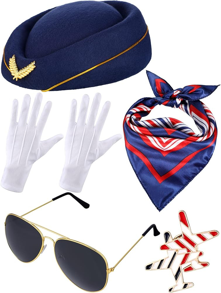 7 Pcs Halloween Women's Flight Attendant Costume Accessories Stewardess Outfits Set Flight Attendant | Amazon (US)
