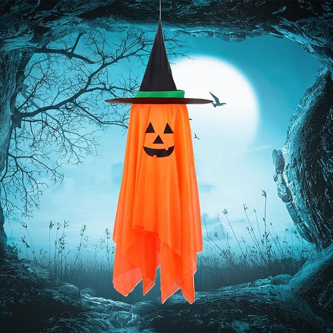 Halloween Decorations, VIKASI Single Pre-Installed Orange Pumpkin Wizard Hat Halloween Decor, Han... | Amazon (US)