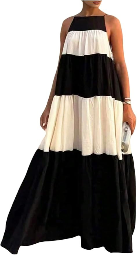 WDIRARA Women's Striped Cami Maxi Dress Color Block Flowy Dresses | Vacation，Tie Shoulder | Amazon (US)
