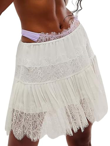 Women Y2K Lace Tiered Mini Skirt Summer Ruffled Pleated Lace Trim Half Slip Low Rise Flowy Short Skirts Underskir (A-White, XL) | Amazon (US)