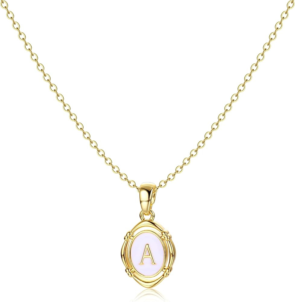 Krfy Initial Necklaces for Women - Dainty 14K Gold Plated Charm Necklaces Oval Letter White Ename... | Amazon (US)