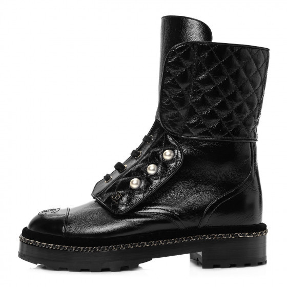 CHANEL Crackled Calfskin Velvet Pearl Combat Boots 36 Black | Fashionphile