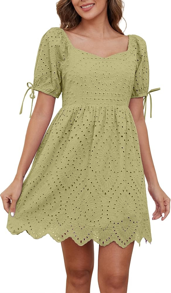 Livtany Women's Eyelet Embroidery Mini Dress Puff Short Sleeve with Tie Up Cuffs Short Dress Slim... | Amazon (US)