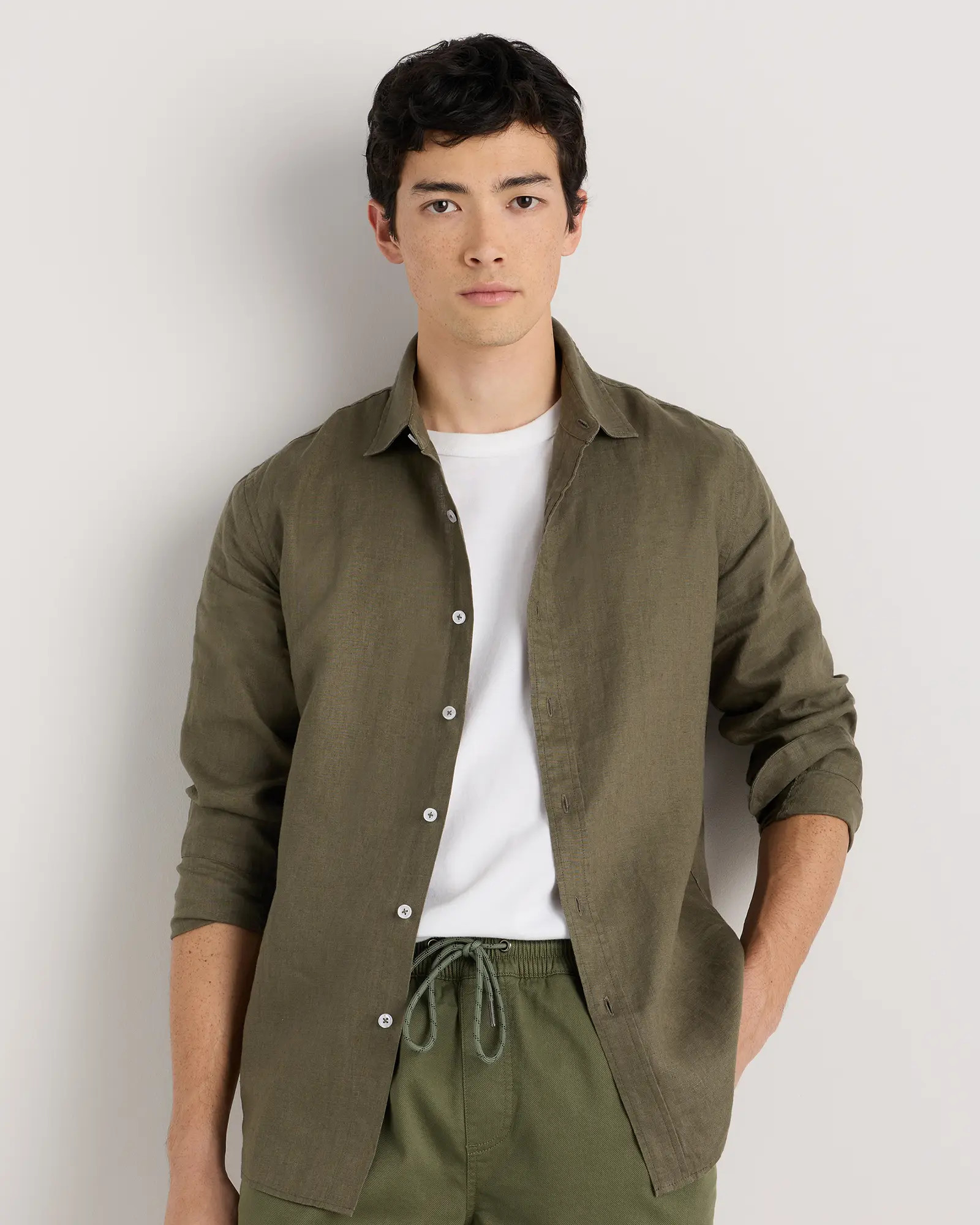 100% European Linen Long Sleeve Shirt in Bayberry Olive | Quince