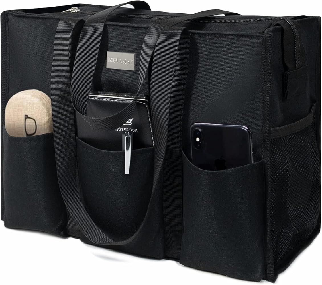 TOPDesign Utility Water Resistant Tote Bag with 13 Exterior & Interior Pockets, Top Zipper Closur... | Amazon (US)