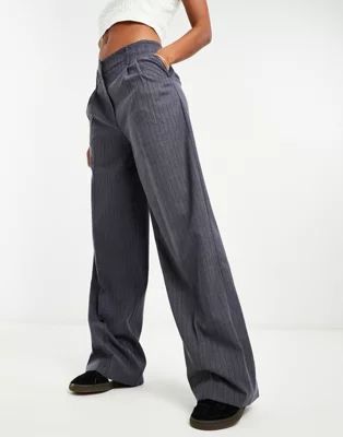 Bershka double waistband wide leg tailored pants in gray pinstripe | ASOS (Global)