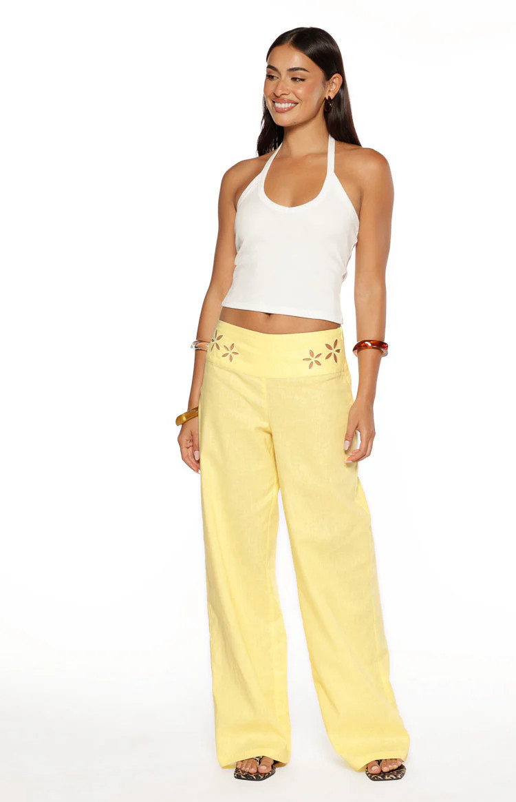 Alamara Yellow Floral Detail Wide Leg Pants | Beginning Boutique | Beginning Boutique (US)