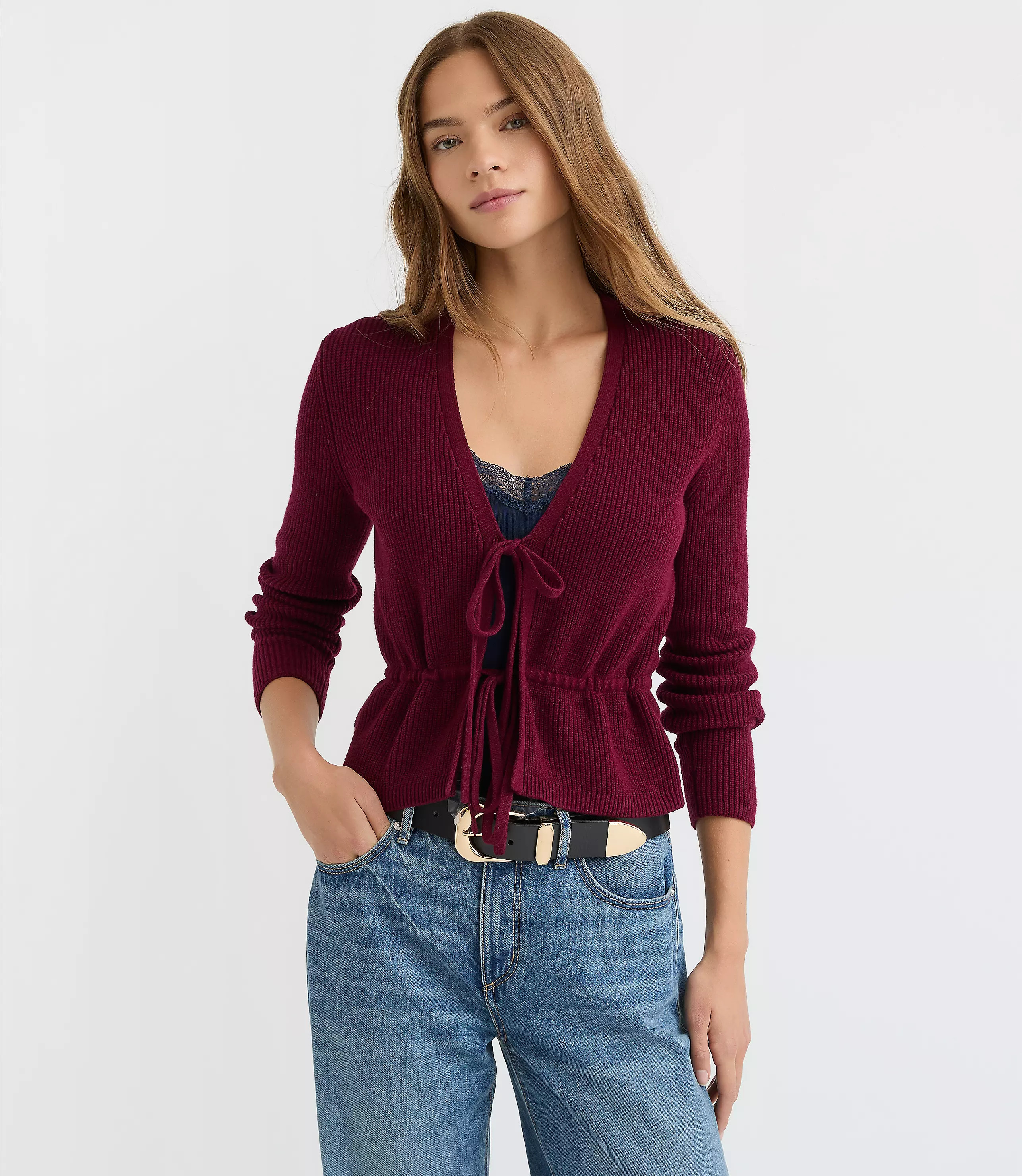 Ribbed Tie Front Cardigan | LOFT