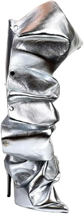 Liliana Women's Pointed Toe Stiletto High Heels Pleated Button Detachable Fold Over Slouchy Fashi... | Amazon (US)