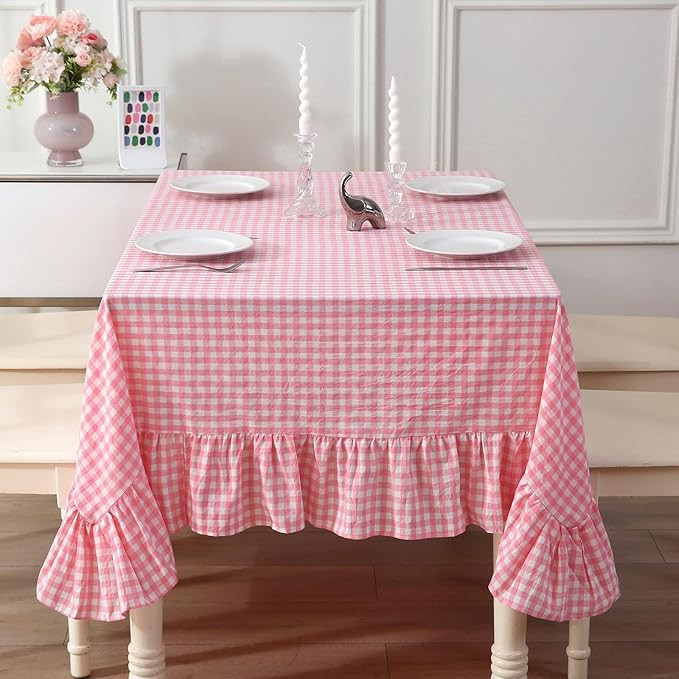 100% Cotton Coral Pink Plaid Ruffled Table Cloth for Rectangle Table Seat 4-6, Classic Cottage Co... | Amazon (US)