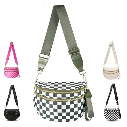 EMMAFY Crossbody Bags For Women,Waterproof Oxford Bum Bag with Adjustable Strap,Large Capacity Travel Purse (Green and White Plaid) | Amazon (US)