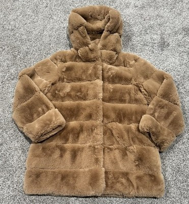 BCBG MAXAZRIA Felicia Faux Fur Coat M Tan Hooded Snap Button | eBay US