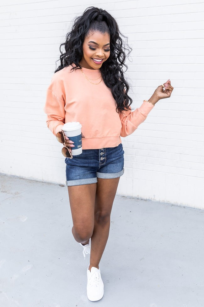 Stellar Weekend Salmon Acid Wash Cropped Cord Sweatshirt | Pink Lily