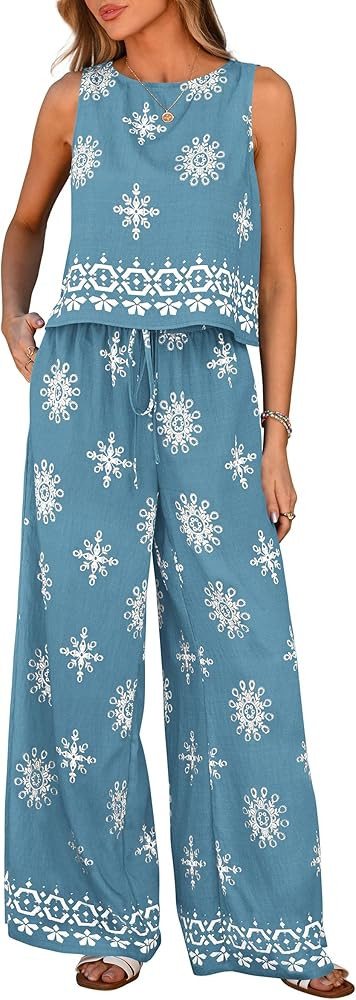PRETTYGARDEN Women's 2026 Summer 2 Piece Lounge Sets Boho Floral Tank Tops Flowy Wide Leg Pants T... | Amazon (US)