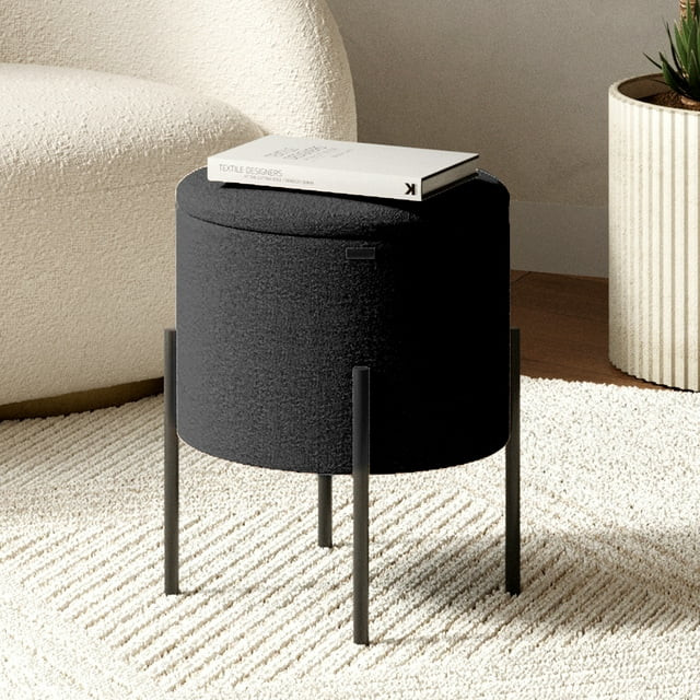 Hearth & Harbor Ottoman with Storage, Foot Stool Storage Ottoman Round Boucle, Black | Walmart (US)