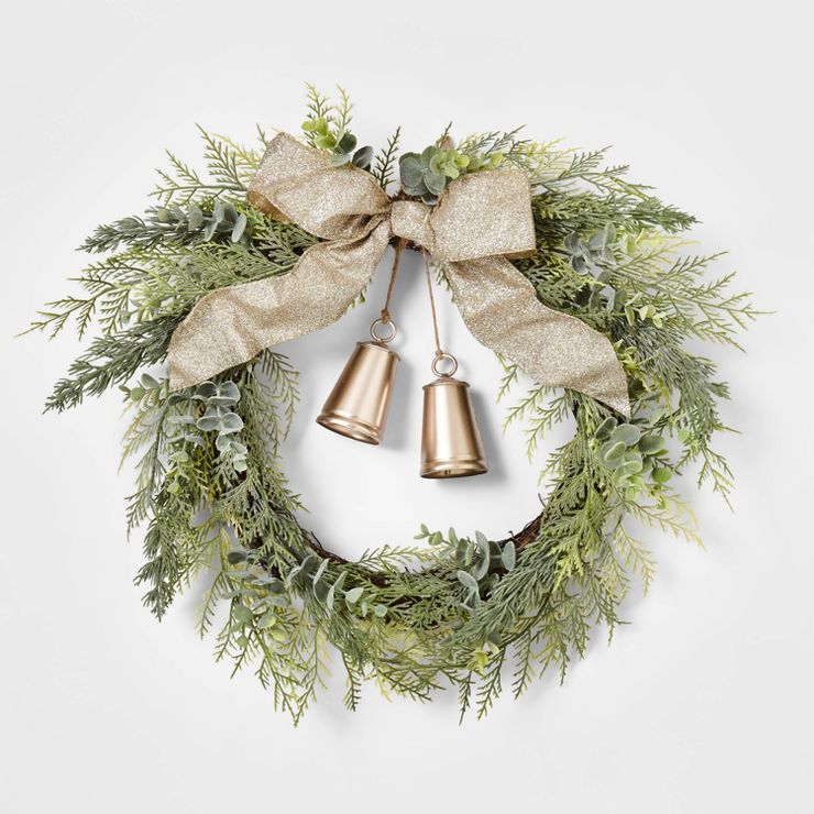 20in Unlit Cedar Eucalyptus with Gold Bells &#38; Champagne Ribbon Bow Christmas Wreath - Wonders... | Target