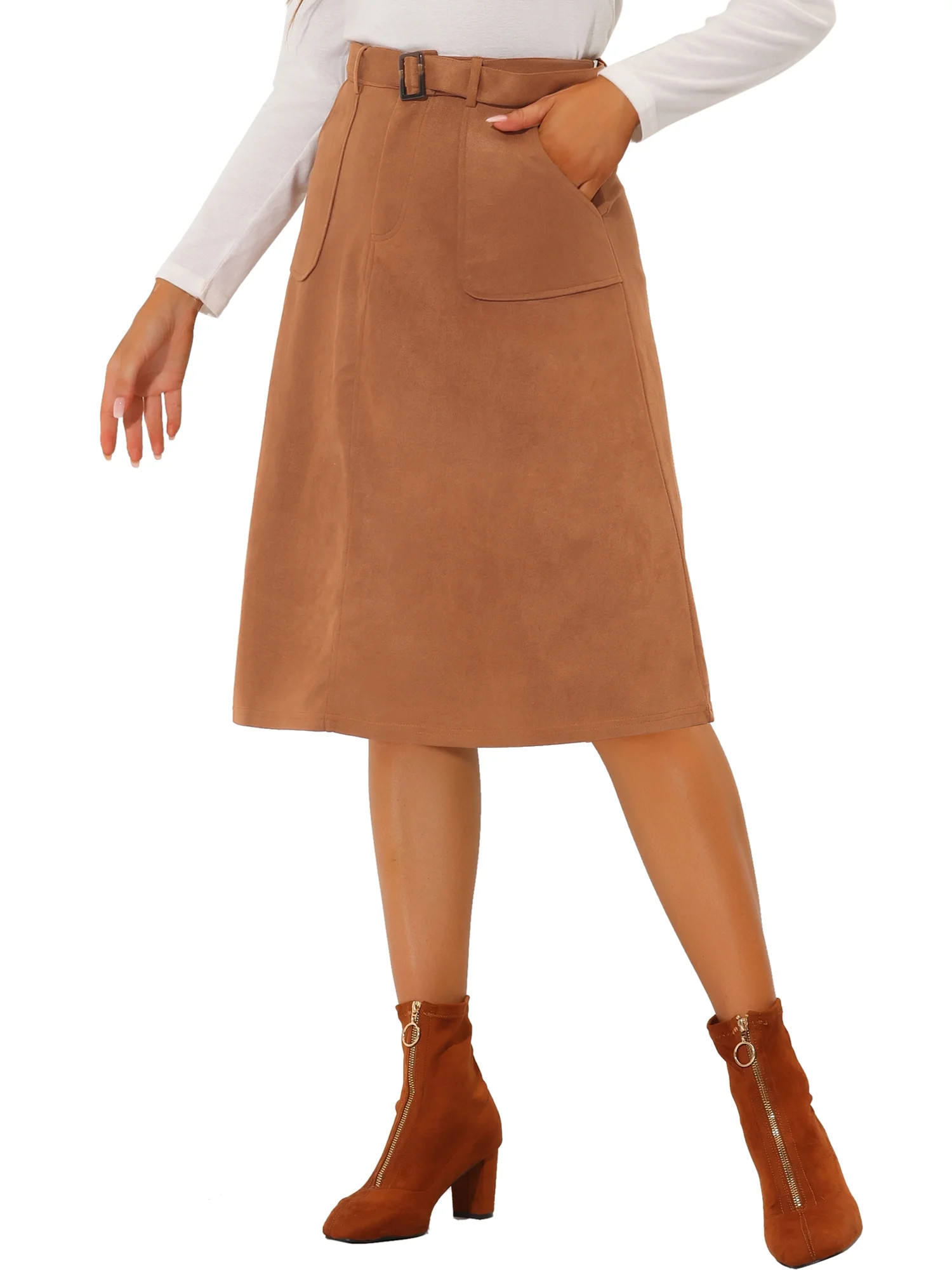 INSPIRE CHIC Women's Casual Stretchy Faux Suede Pockets A-Line Midi Skirt with Belt M Caramel | Walmart (US)