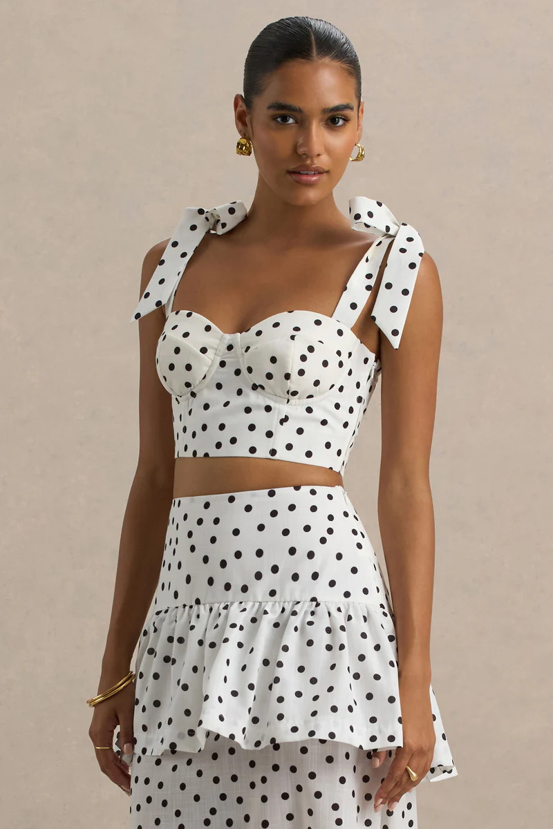 Lumen | White Polka Dot Corset Sweetheart Top With Bow Straps | Club L London