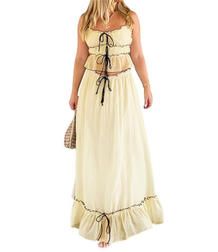 Yuemengxuan Women Y2k 2 Piece Maxi Skirt Sets Sleeveless Strap Tie Front Cami Top Crop Top Ruffle Long Skirts Set Streetwear (Apricot & Black, M) | Amazon (US)