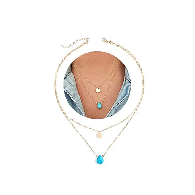 Jovono Boho Layered Turquoise Necklaces Gold Sequin Pendant Necklace Chain Jewelry for Women and ... | Amazon (US)