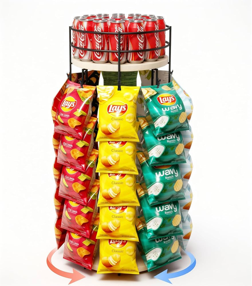 Liaakrr 360° Rotating Snack Display Stand with Secure Top Tier, Holds Drinks & Chips, 5-Tier 40-... | Amazon (US)