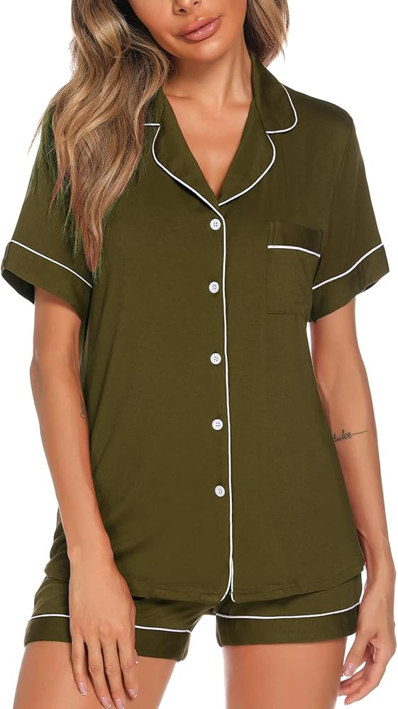Aamikast Button Up Pajama Set for Women Shorts Short Sleeve Knit Sleepwear 2 Pice Pjs Sets | Amazon (US)