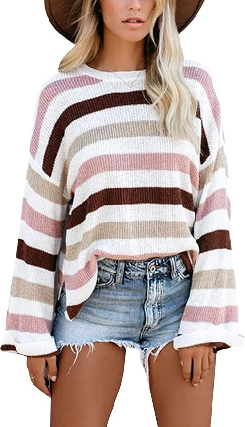 Hibluco Women's Round Neck Bell Long Sleeve Color Block Knit Sweater Casual Pullover Jumper Tops | Amazon (US)