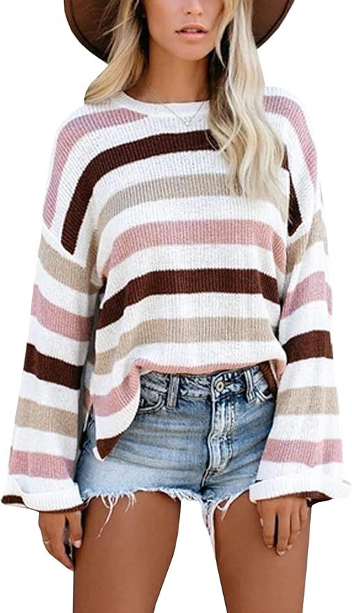 Hibluco Women's Round Neck Bell Long Sleeve Color Block Knit Sweater Casual Pullover Jumper Tops | Amazon (US)