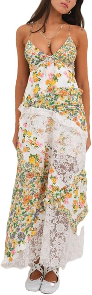 Cute Floral Long Sundresses for Women Boho Smocked Spaghetti Strap Dress Y2k Flowy Beach Ruffle B... | Amazon (US)