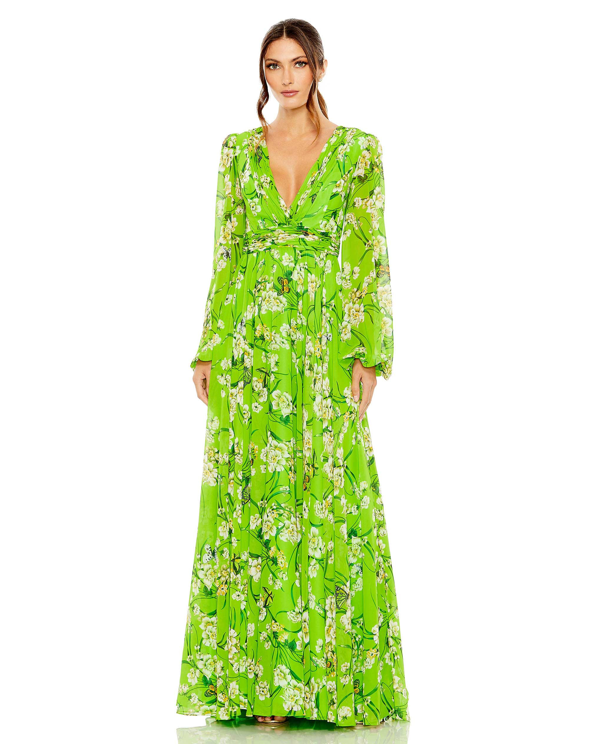 Puff Sleeve Floral Chiffon Gown | Mac Duggal