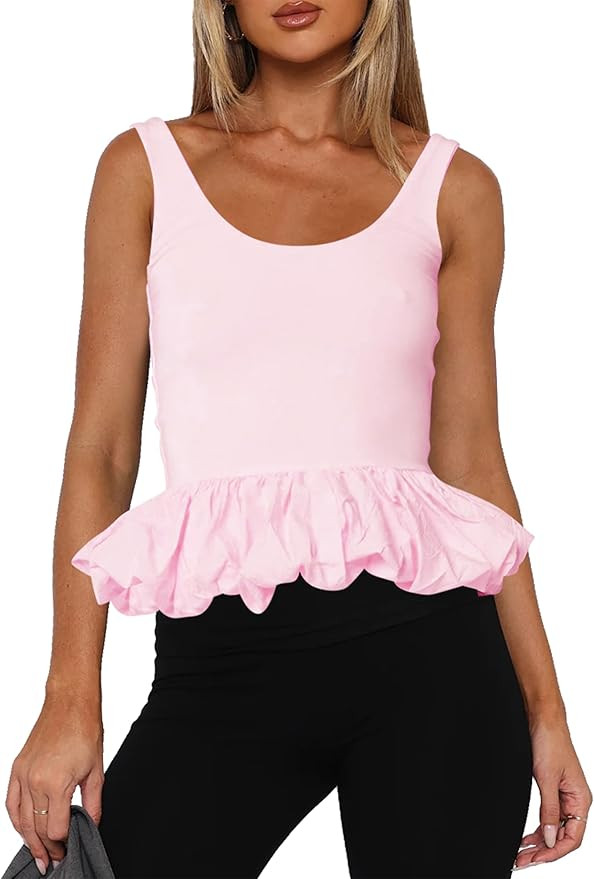 Women Y2k Ruffle Hem Babydoll Crop Tank Tops Aesthetic Sleeveless Peplum Top Backless Summer Goin... | Amazon (US)