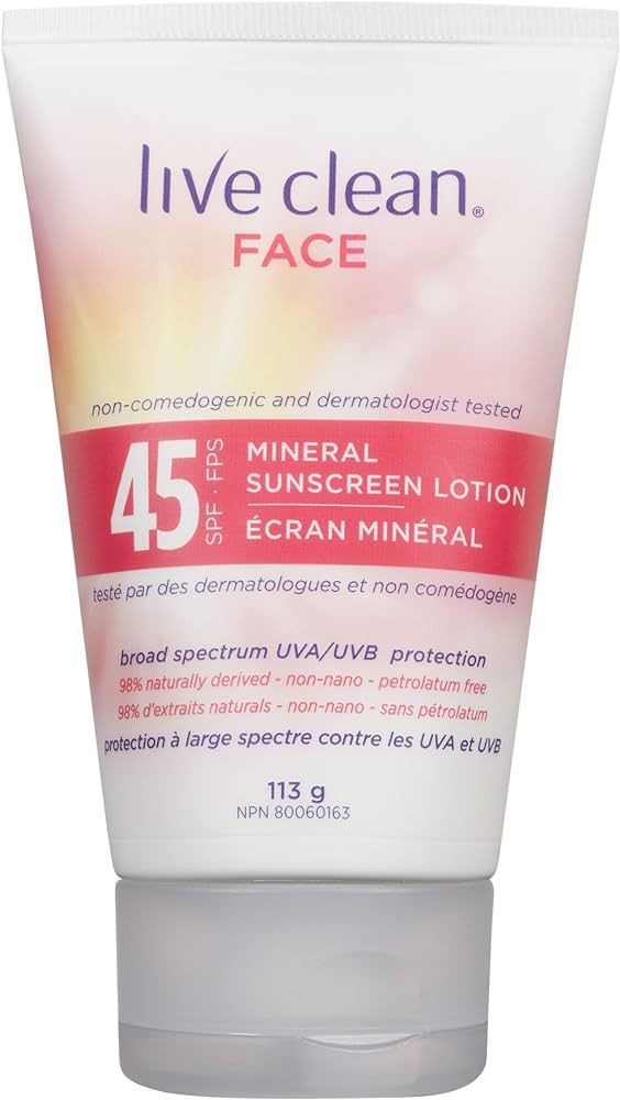 Live Clean Face Mineral Sunscreen LotionSPF 45, White, Unscented, 113ml | Amazon (CA)