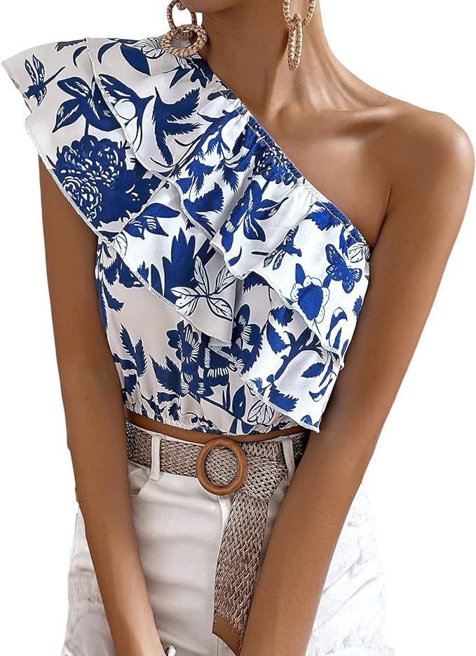 Milumia Women's Boho One-Shoulder Ruffle Trim Crop Top Floral Print Sleeveless Blouse Tops | Amazon (US)