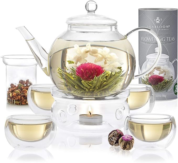 Teabloom Celebration Complete Tea Set – Stovetop Safe Glass Teapot (40 OZ / 1.2 L) with 4 Doubl... | Amazon (US)