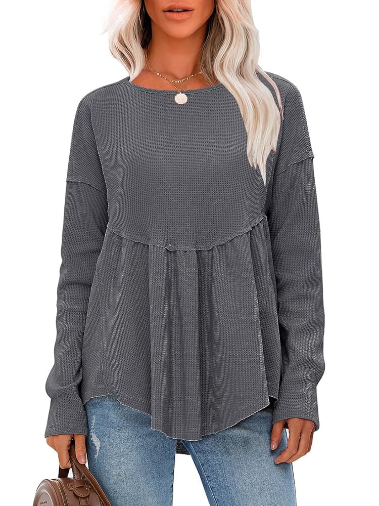 EXLURA Waffle Knit Long Sleeve Shirts for Womens Crewneck Loose Babydoll Tunic Tops Maternity Top... | Amazon (US)