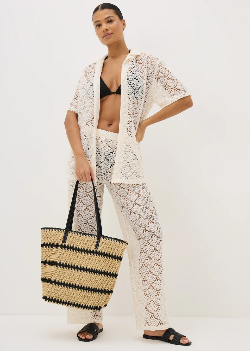 Natural Stripe Straw Beach Bag | Matalan (UK)