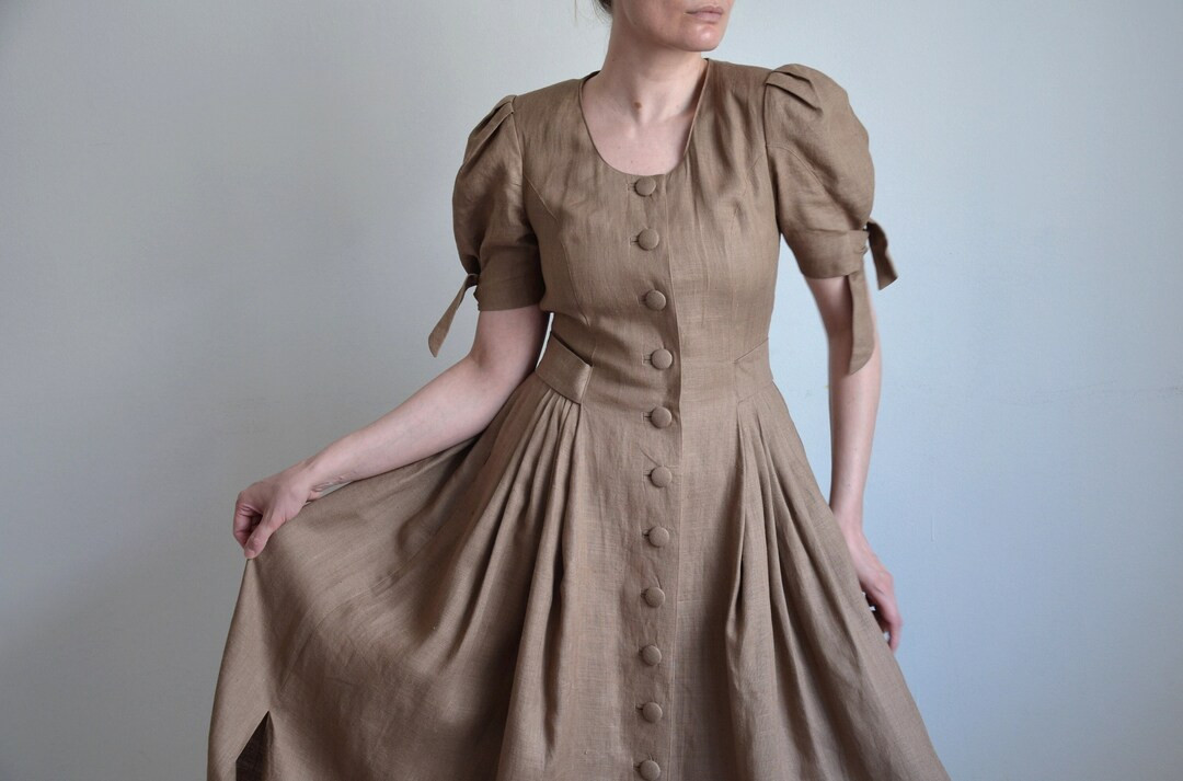 Vintage 80s Taupe Brown Linen Dress, Austrian Folk Dress, Puff Sleeve Peasant Dress, Bavarian Lin... | Etsy (US)
