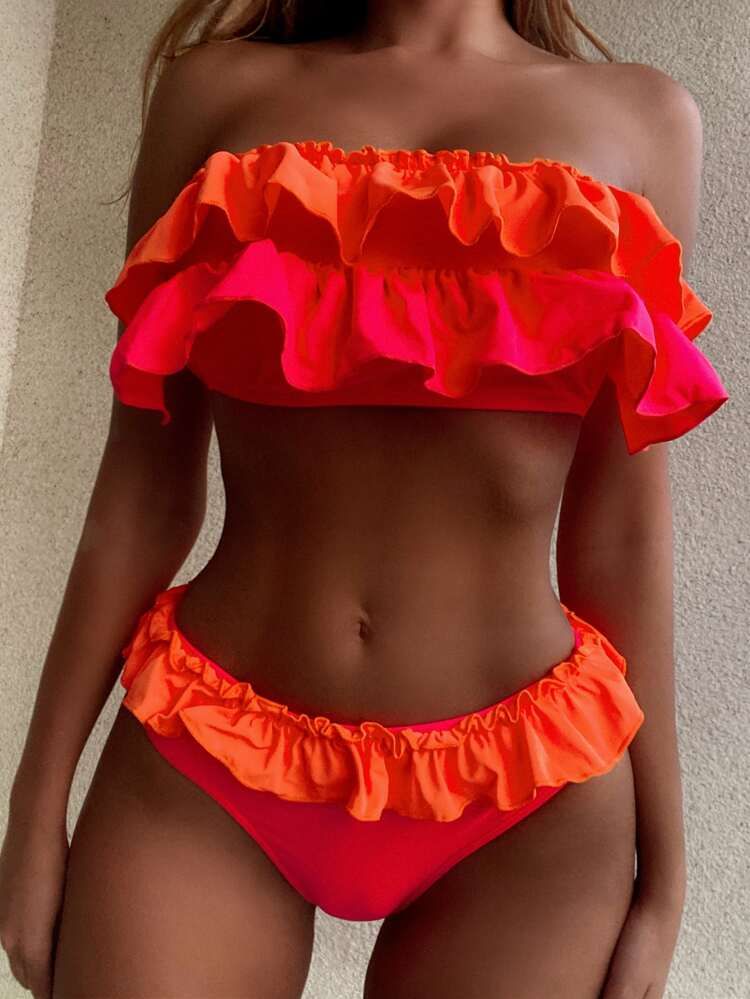 Color Block Tiered Layer Bandeau Bikini Swimsuit | SHEIN