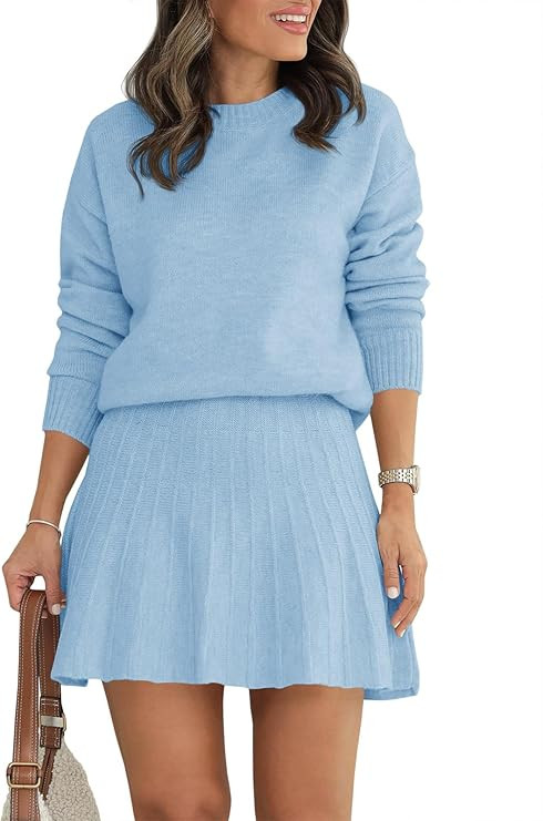 Tankaneo Womens Skirt 2 Piece Sweater Set Long Sleeve Crewneck Sweaters Pleated Mini Skirt Knit L... | Amazon (US)