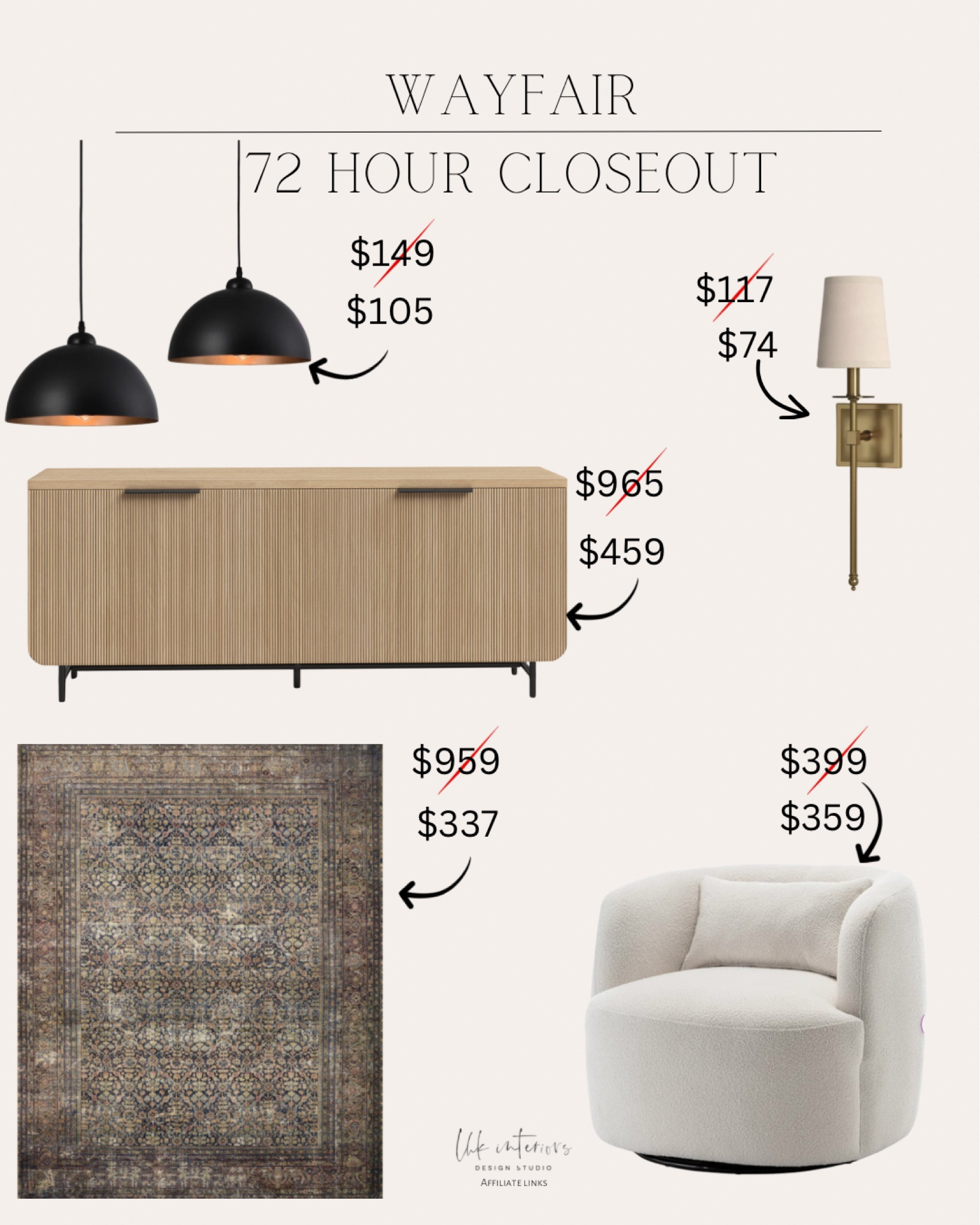Wayfair 72-hour closeout 
Upholstered swivel armchair / Kinston dining cabinet / ludlow 69” sideboard / amber Lewis x Loloi Morgan area rug / Jillian wallchiere / light pendant set of 2 

#LTKsalealert #LTKhome