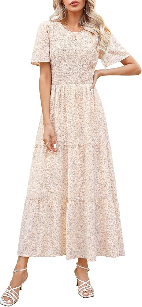 Maggeer Womens 2025 Summer Fall Smocked Wedding Guest Maxi Dress Casual Short Sleeve Floral Boho ... | Amazon (US)