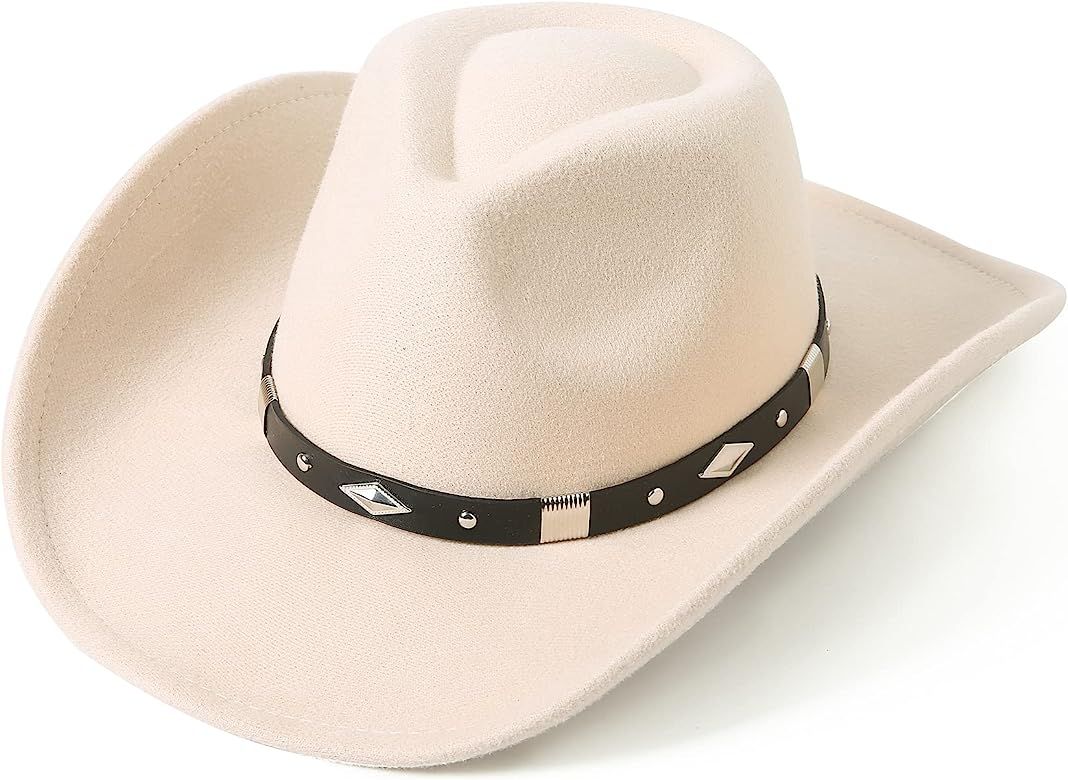 Lanzom Women Men Classic Felt Wide Brim Western Cowboy Cowgirl Hat with Belt Buckle | Amazon (US)