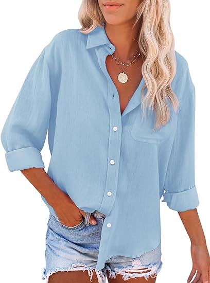 siliteelon Womens Button Down Shirts Cotton Dress Shirts Long Sleeve Blouses V Neck Solid Casual ... | Amazon (US)