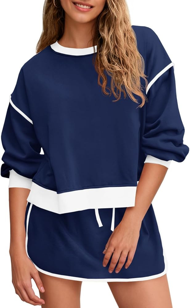 Fisoew Womens Sweatsuits 2 Piece Set Crewneck Sweatshirts High Waisted Skort Skirts Tennis Runnin... | Amazon (US)