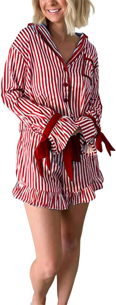 Amuver Women Christmas 2 Piece Pajama Set Striped Button Down Shirt Bow Tie Shorts Holiday Cute P... | Amazon (US)