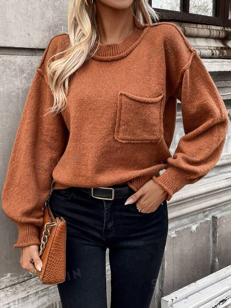 SHEIN LUNE Solid Pocket Patched Drop Shoulder Sweater | SHEIN