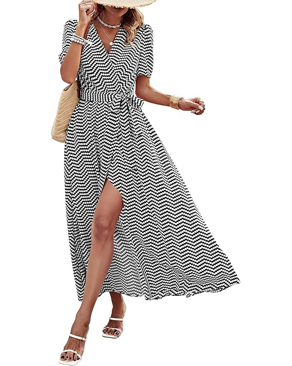 PRETTYGARDEN Women's Summer Wrap Maxi Dress Casual Boho Floral V Neck Short Sleeve Ruffle Hem Spl... | Amazon (US)