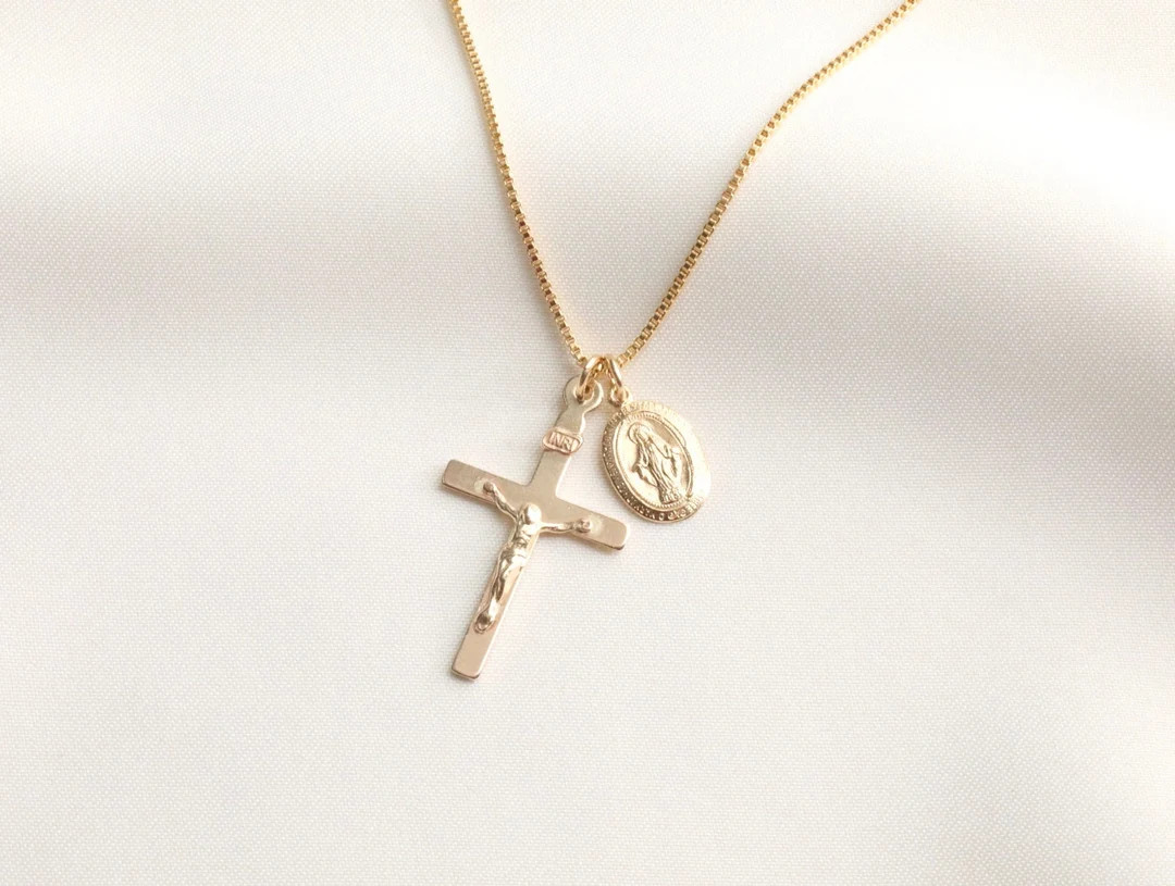 14k Gold Filled Necklace Crucifix Necklace Virgin Mary - Etsy | Etsy (US)