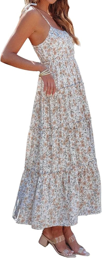 Women Lace Up Cami Maxi Dress Boho Summer Dress Casual Sun Dress Fresh Pattern Classic Beach Dres... | Amazon (US)