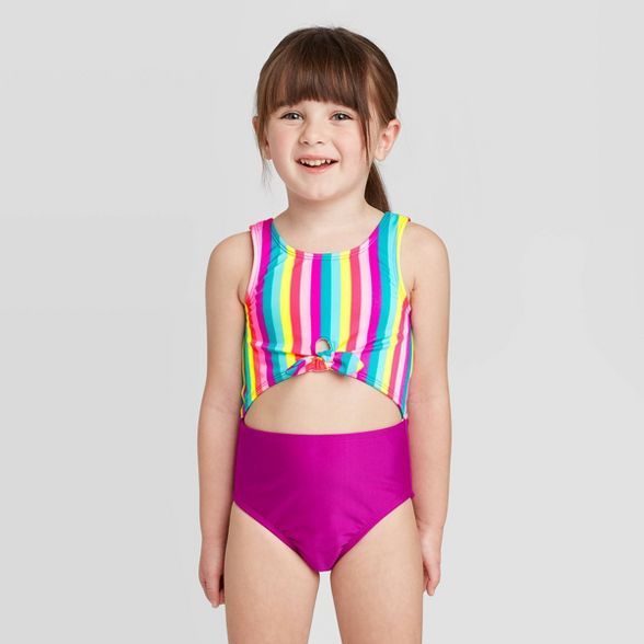 Toddler Girls' Striped Peek A Boo Tie Front One Piece Swimsuit - Cat & Jack™ Purple | Target